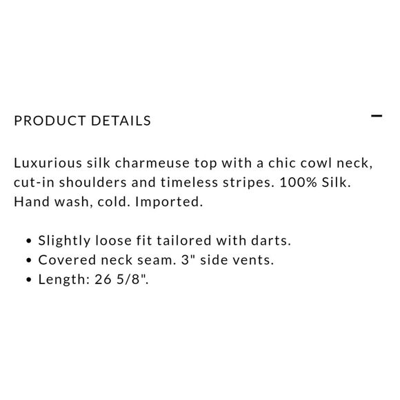 WHBM|100% Silk Striped Sleeveless Cowl Neck Blouse, MEDIUM - Picture 3 of 7